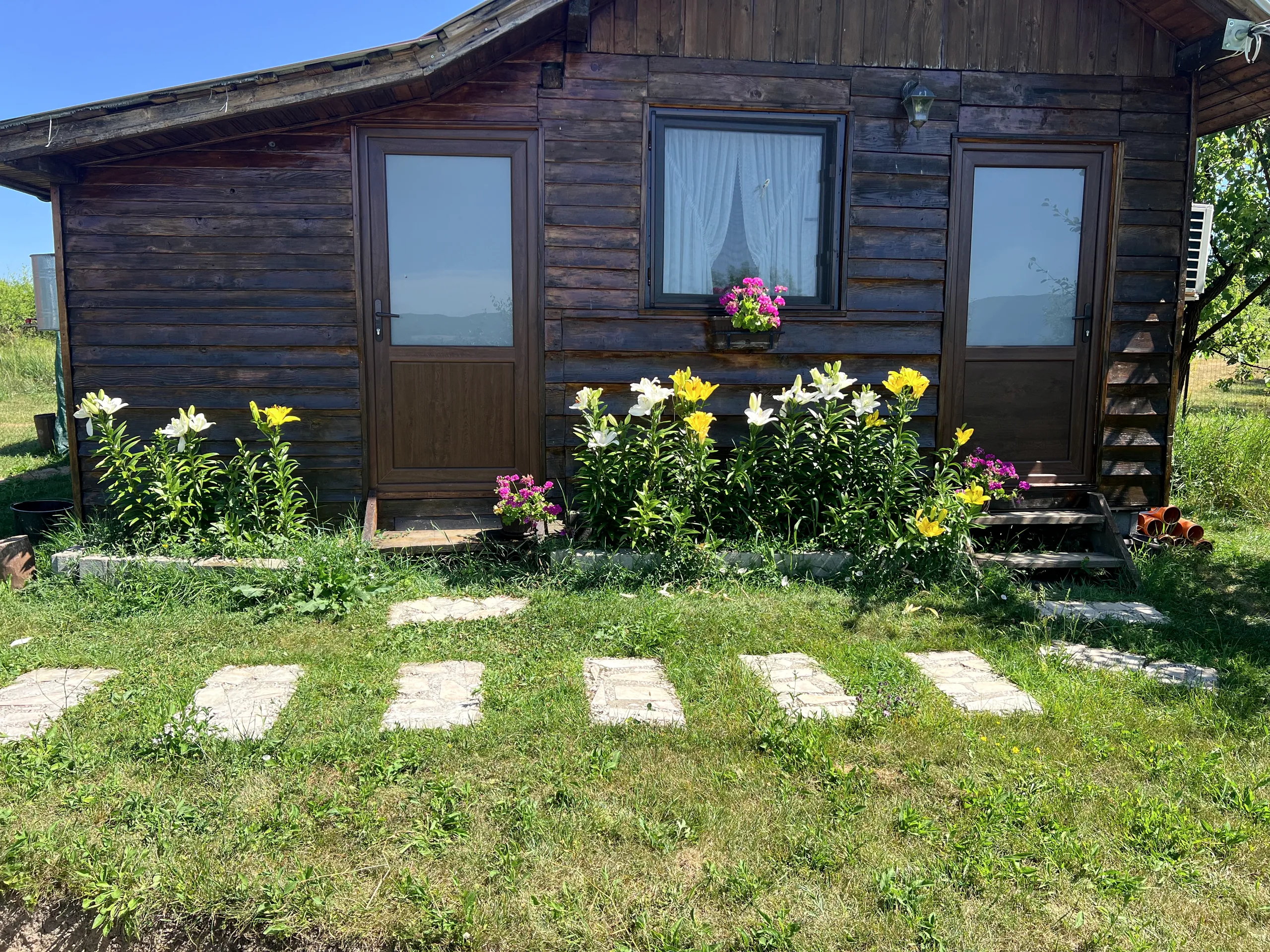 House facade with lilies and stepping stones