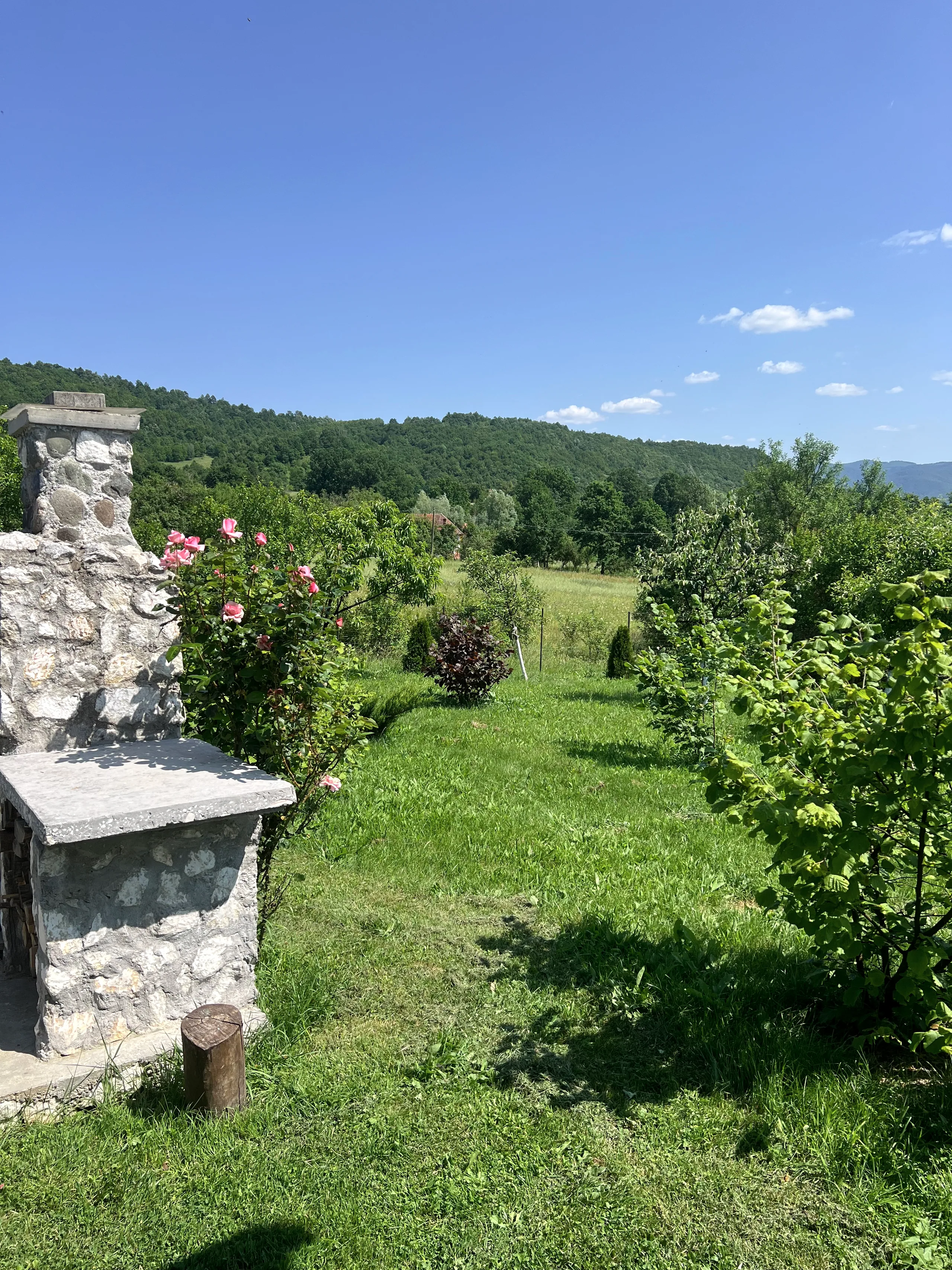 Stone column with climbing roses and rolling hills beyond